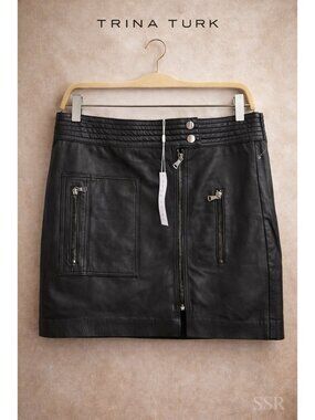 Trina Turk Lambskin Leather Mini Skirt Black Zip Front Moto NWT Size 6